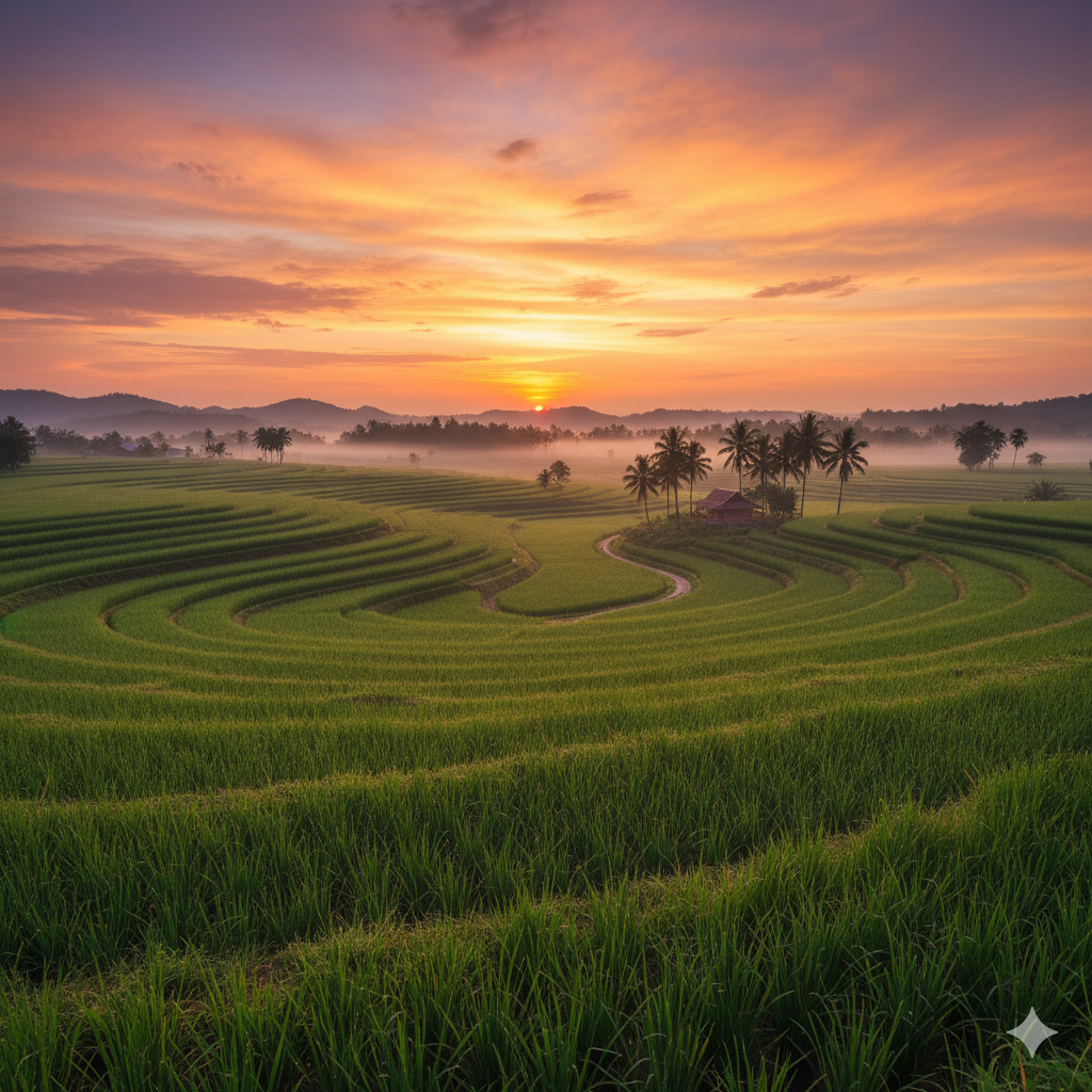Green paddy rice fields at sunrise